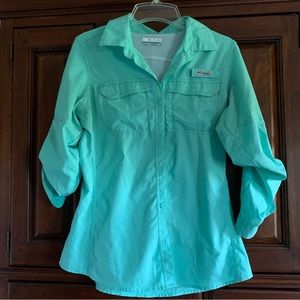Columbia PFG Fishing Shirt Size M Turquoise Boating Long Sleeve Top  Button Down